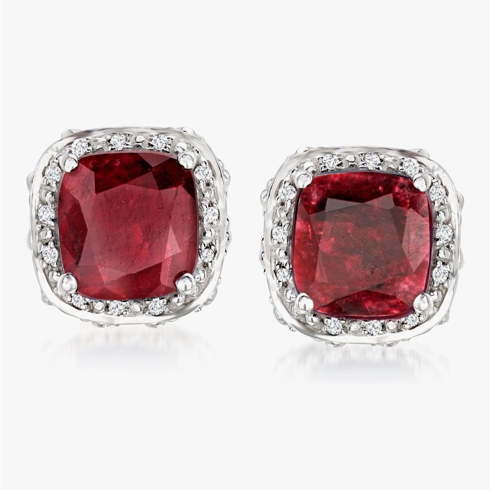 Precious Ruby Gemstone & White Topaz Stud Earrings in Solid Sterling Silver